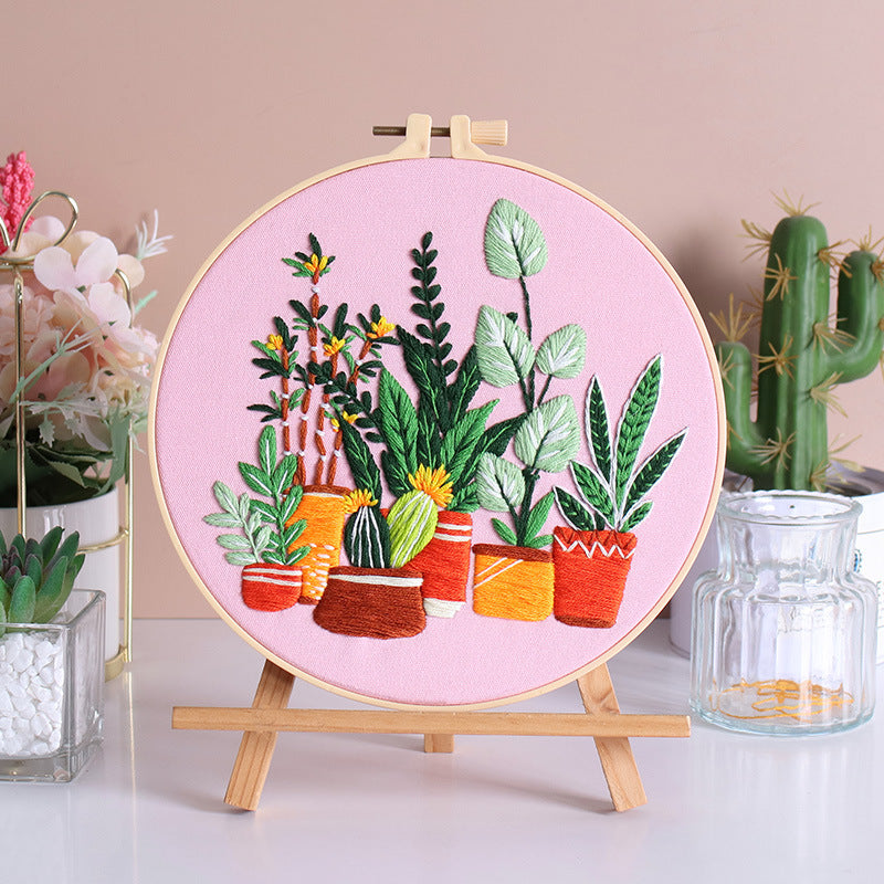 Urban Jungle – Borduurset met kamerplanten op roze achtergrond