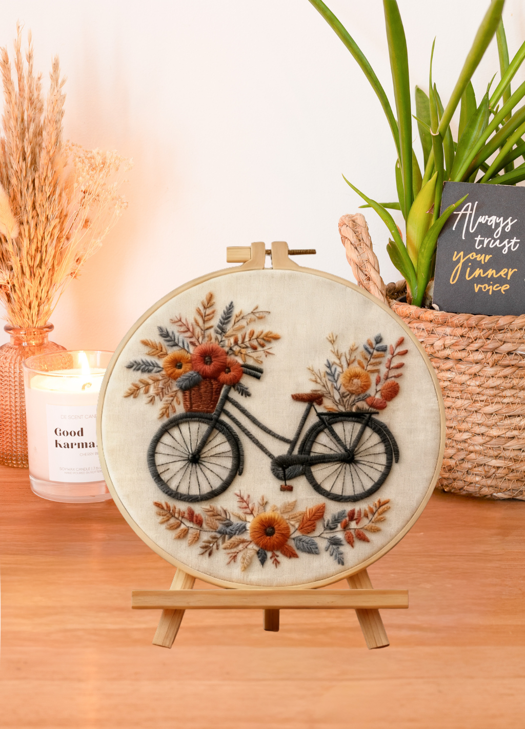 Balade d'automne – Kit de broderie avec vélo et fleurs d'automne
