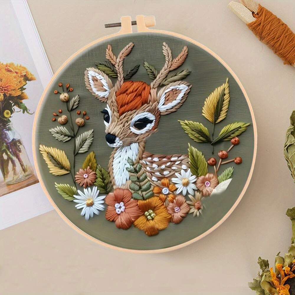 Forest Deer – Borduurset met jong hertje en herfstbloemen