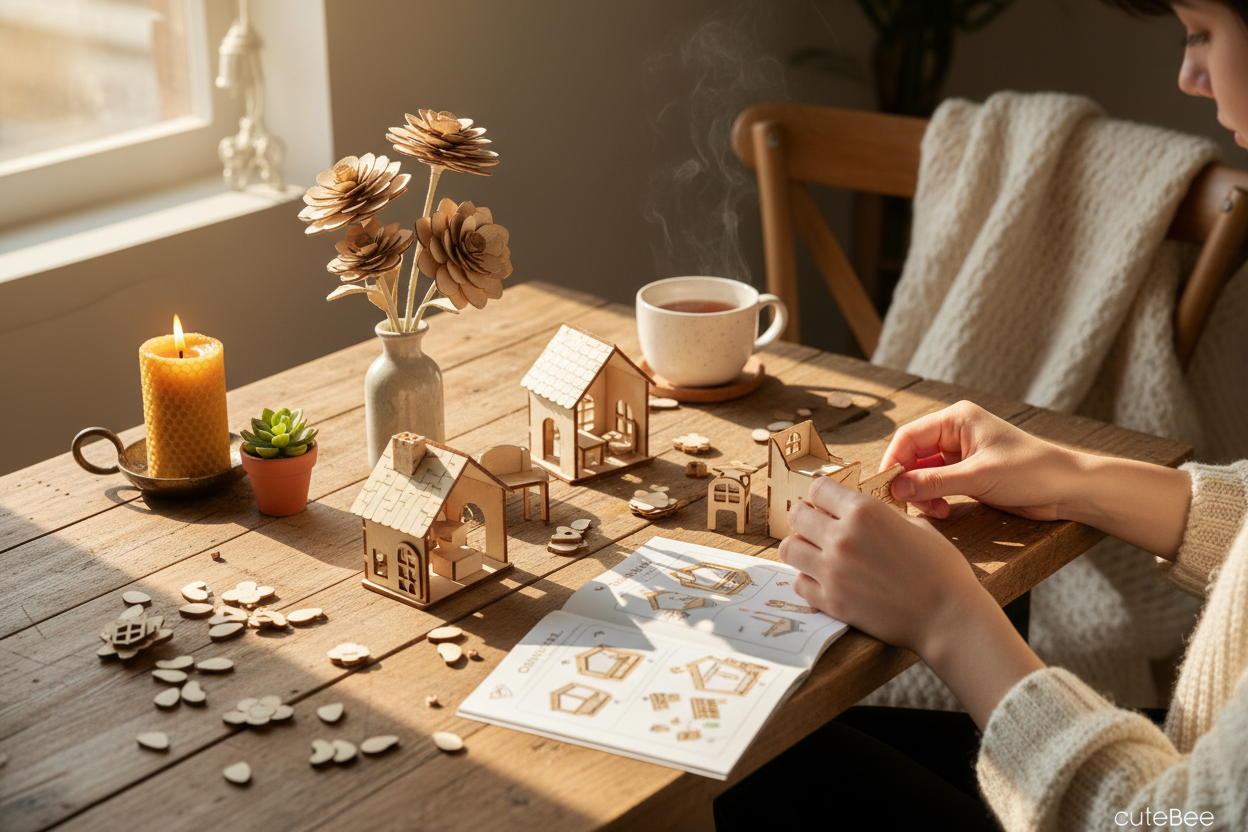 Maak een tafel in warm zonlicht met houten bloemen en houten miniatuurhuisjes, we verkopen de huisjes van cutebee en de houten bloemen van rolife. Zorg dat het een creatieve tafel is, iemand is aan het knutselen met hout, hij maakt houten bloemen en houten miniatuurhuisjes en steekt ze in elkaar zodat ze een mooi geheel gaan vormen als hij klaar is. We zitten midden in het proces aan tafel met kaarsje, plantje, dekentje, theetje