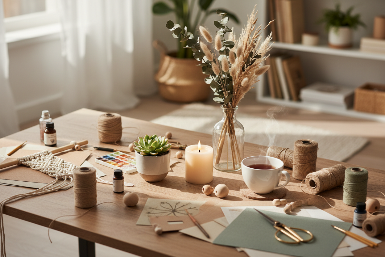 We genereren een heel zacht beeld van een tafel met knutselmateriaal. Er staat ook een plantje, kaarsje en theetje op tafel en een vaasje met zachte droogbloemen. 