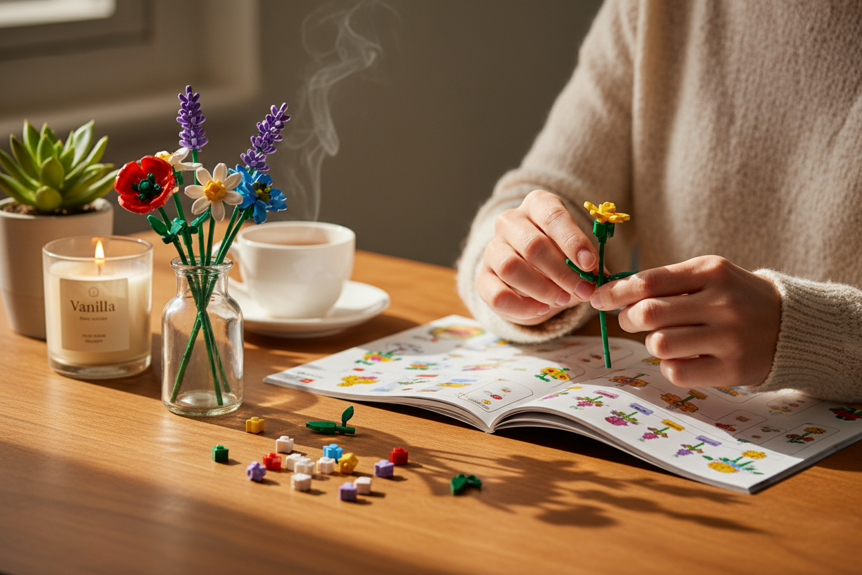 We maken bloemen uit hele kleine legosteentjes. Iemand is een boeket vol wilde bloemen aan het maken aan de hand van een handleidingsboekje, enkele bloemstelen zijn al klaar en zitten in een vaasje op de tafel, er liggen overal kleine bloemvormige legoblokjes verpreid over de tafel. Op de tafel staat ook een theetje, kaarsje, plantje, we zorgen voor een heel zacht en rustig tafereel