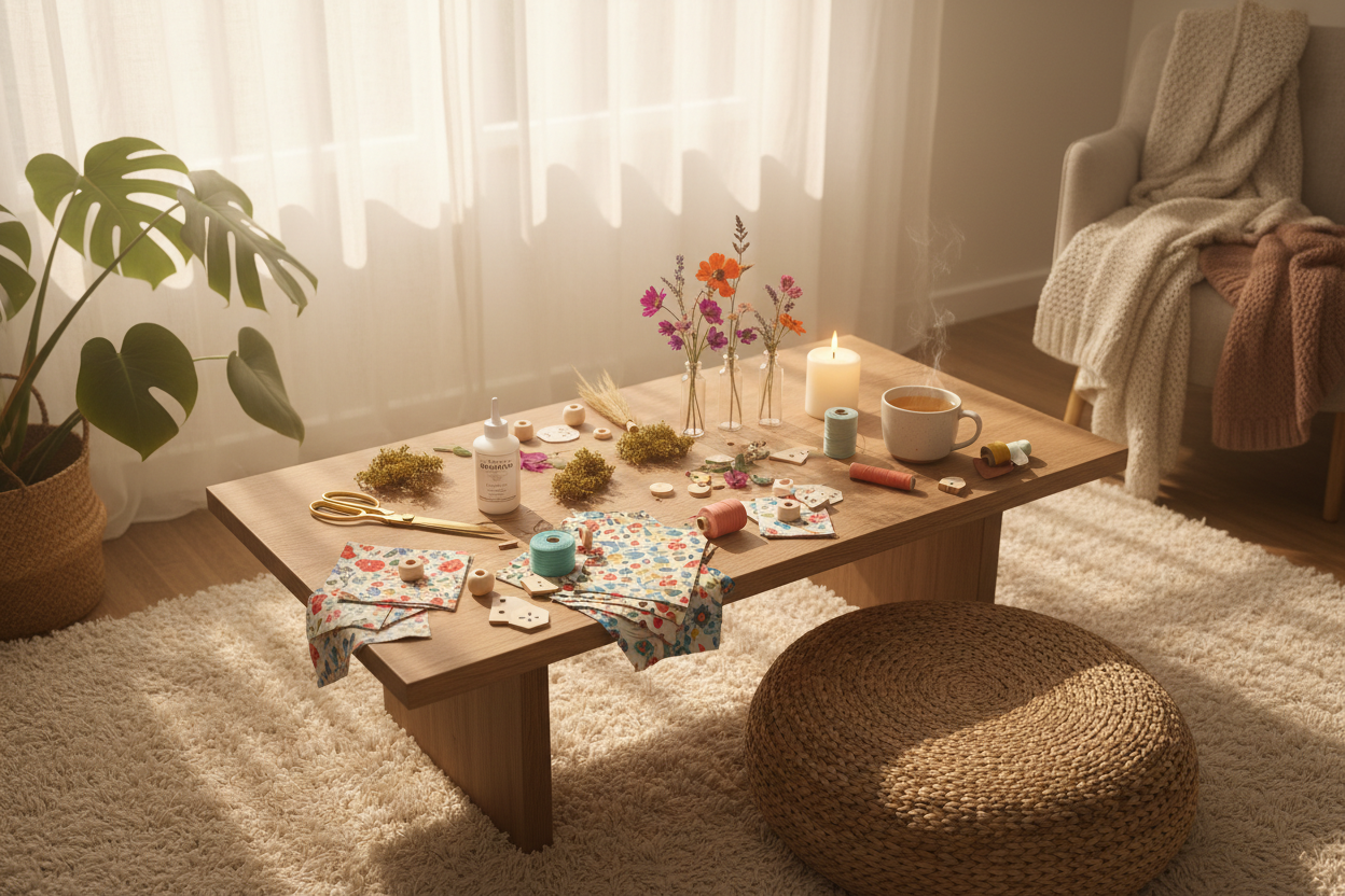 zacht beeld, een lage tafel die op een zacht tapijt staat, in de ruimte zie je lichte gordijnen, een plant in de hoek, een juten poef en op de tafel staat knutselgerief, schaar, lijm, draad, stof, hout, gras, bloemen, op tafel zien we wel kleur. Thee, dekens, kaars, zacht zonlicht, rustig geheel